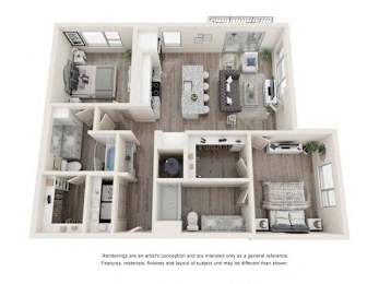 A floor plan of a house with a kitchen, living room, and two bedrooms.