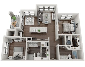 A 3D floor plan of a house with multiple rooms and furniture.