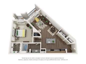 A 3D floor plan of a house with a living room, kitchen, and two bedrooms.