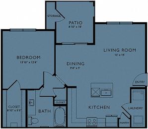 A floor plan of a house with a bedroom, bathroom, kitchen, living room, dining room, pantry, and storage.