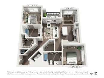 A floor plan of an apartment with dimensions and a note that actual product and specifications may vary.