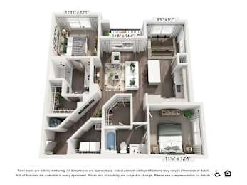 A floor plan of an apartment with dimensions and a note that actual product and specifications may vary.