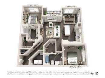 A floor plan of an apartment with dimensions and a note that actual product and specifications may vary.
