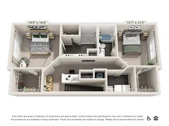 A floor plan of an apartment showing a kitchen, living room, and two bedrooms.