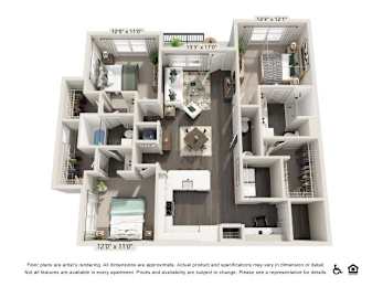 A floor plan of an apartment complex with various rooms and dimensions.