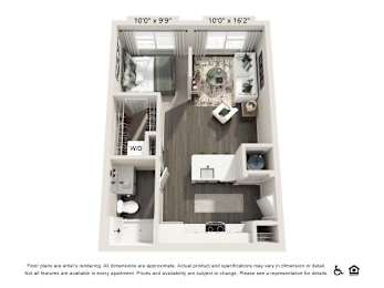 A floor plan of an apartment with a kitchen, living room, and two bedrooms.