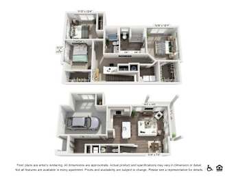 A floor plan of an apartment is shown with two bedrooms, a living room, a kitchen, and a bathroom.