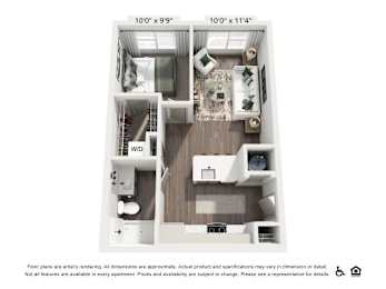 A floor plan of an apartment with two bedrooms, a living room, a kitchen, and a bathroom.