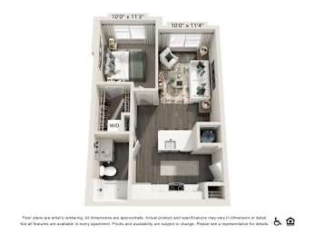 A floor plan of an apartment with two bedrooms and two bathrooms.