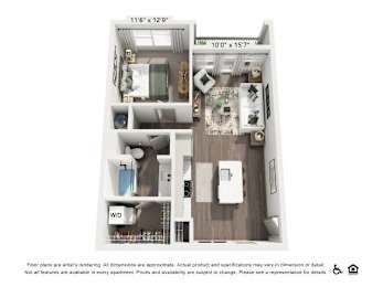 A floor plan of an apartment with a kitchen, living room, and bathroom.