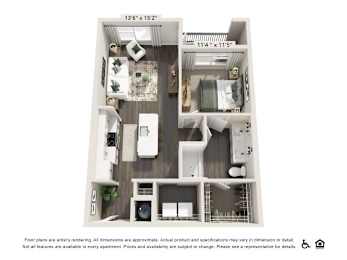A floor plan of an apartment with a kitchen, living room, and two bedrooms.
