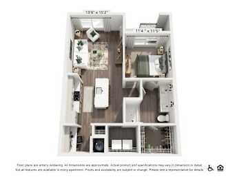 A floor plan of an apartment with a kitchen, living room, and two bedrooms.