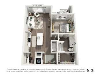 A floor plan of an apartment with a kitchen, living room, and bedrooms.