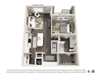 A floor plan of an apartment with a kitchen, living room, and bedroom.