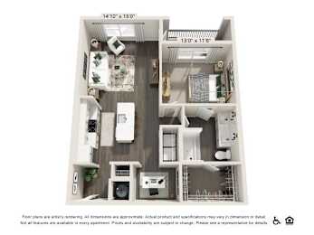 A floor plan of an apartment with a kitchen, living room, and bedrooms.