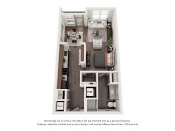 A 3D floor plan of a small apartment with a kitchen, living room, and bathroom.