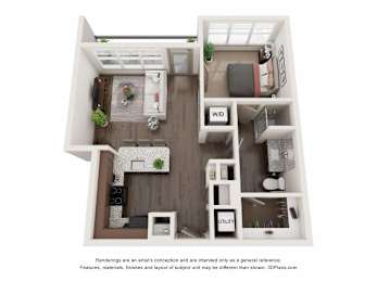 A 3D floor plan of a small apartment with a kitchen, living room, and bedroom.