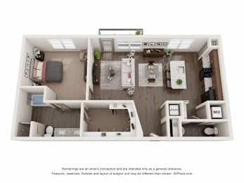 A 3D floor plan of a small apartment with a kitchen, living room, and bathroom.