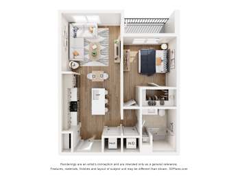 A 3D floor plan of a small apartment with a kitchen, bathroom, and living room.