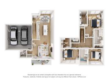 A 3D floor plan of a house with two bedrooms, a living room, a kitchen, and a bathroom.