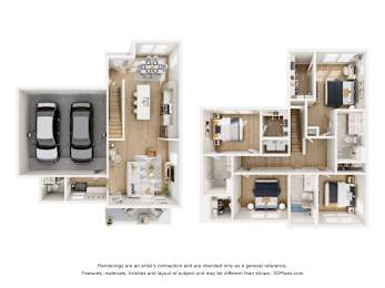 A 3D floor plan of a house with two bedrooms, a living room, a kitchen, and a garage.