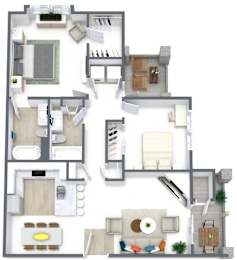A detailed 3D floor plan of a house showing all rooms and their layouts.