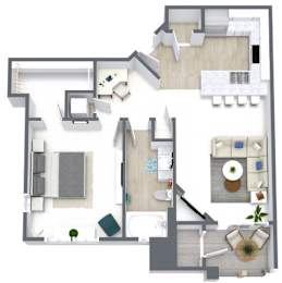 A floor plan of a house with a kitchen, living room, and bedrooms.