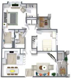 A 3D floor plan of a house with various rooms and furniture.
