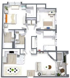 A floor plan of a house with a kitchen, living room, and bedrooms.