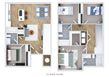 A floor plan of a house with two bedrooms, a living room, a kitchen, and a bathroom.