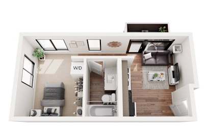 A top down view of a small apartment with a kitchen, living room, and bedroom.