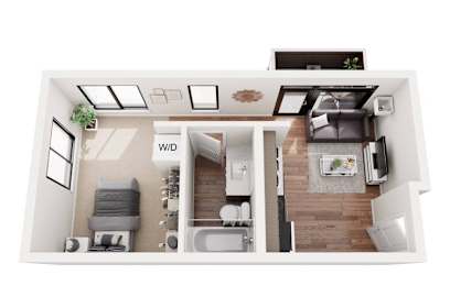 A top down view of a small apartment with a kitchen, living room, and bedroom.
