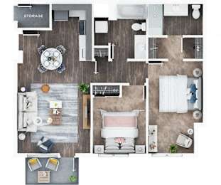 A top-down view of a room layout with a dining table, couch, and kitchen area.