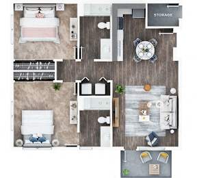 A top-down view of a house layout with a living room, two bedrooms, a kitchen, and a storage area.