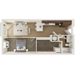 A top-down view of a bedroom with a bed, nightstand, and a small kitchenette.