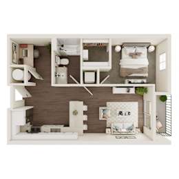 A top-down view of a modern apartment layout with a kitchen, living room, and bedroom.