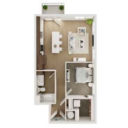 A small, neatly organized bathroom with a toilet, sink, and mirror.