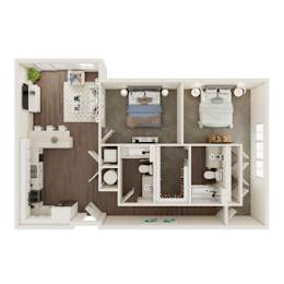 A dollhouse with a bedroom, living room, and kitchen area.