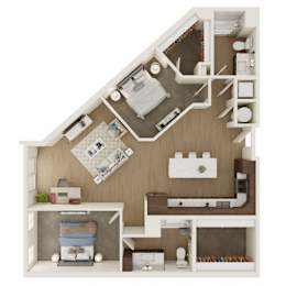 A dollhouse with a bedroom, living room, and kitchen.