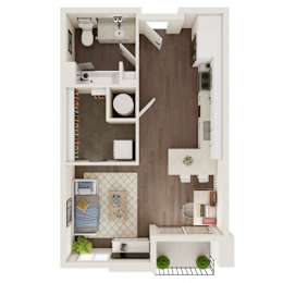 A top-down view of a small apartment with a kitchen, living room, and bathroom.