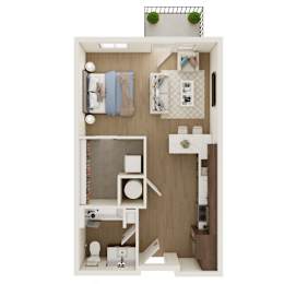 A small white room with a bed, desk, and toiletries.