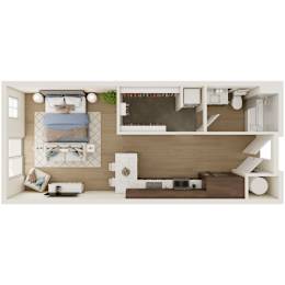 A modern bedroom with a bed, nightstand, and a window.