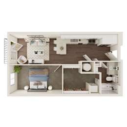 A dollhouse with a bedroom, living room, and kitchen.