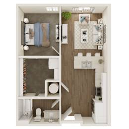A dollhouse with a bedroom and living room.