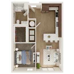 A top-down view of a small apartment with a kitchen, living room, and bathroom.