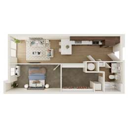 A top-down view of a modern, minimalist bedroom and kitchen area.