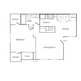 A simple black and white floor plan of a house with a bedroom, living room, kitchen, dining room, and bathroom.