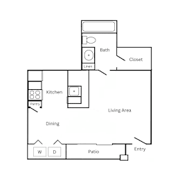 A drawing of a house with a living area, dining room, kitchen, bathroom, pantry, closet, and entry.