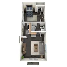 A floor plan of a 1 bedroom apartment with a kitchen, living room, and bathroom.