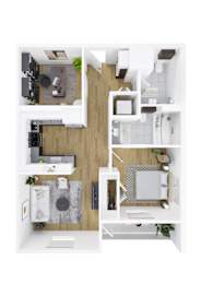 A top-down view of a small apartment with a kitchen, living room, and bathroom.